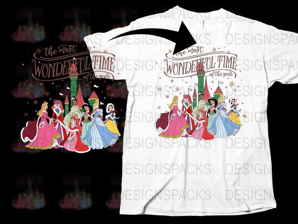 Disney Princesses Christmas T-Shirt, Wonderful Time of the Year Holiday Tee, Colorful Cartoon Character Top, Festive Family Apparel
