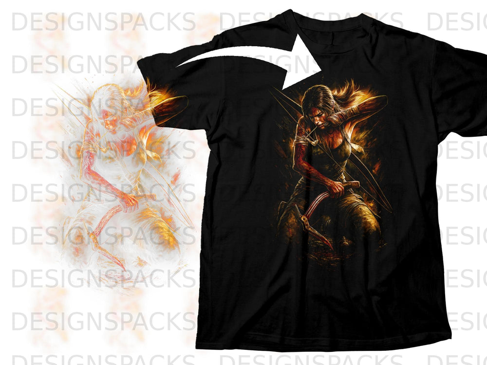 Black t-shirt featuring Lara Croft with bow and arrow, surrounded by fire effects.