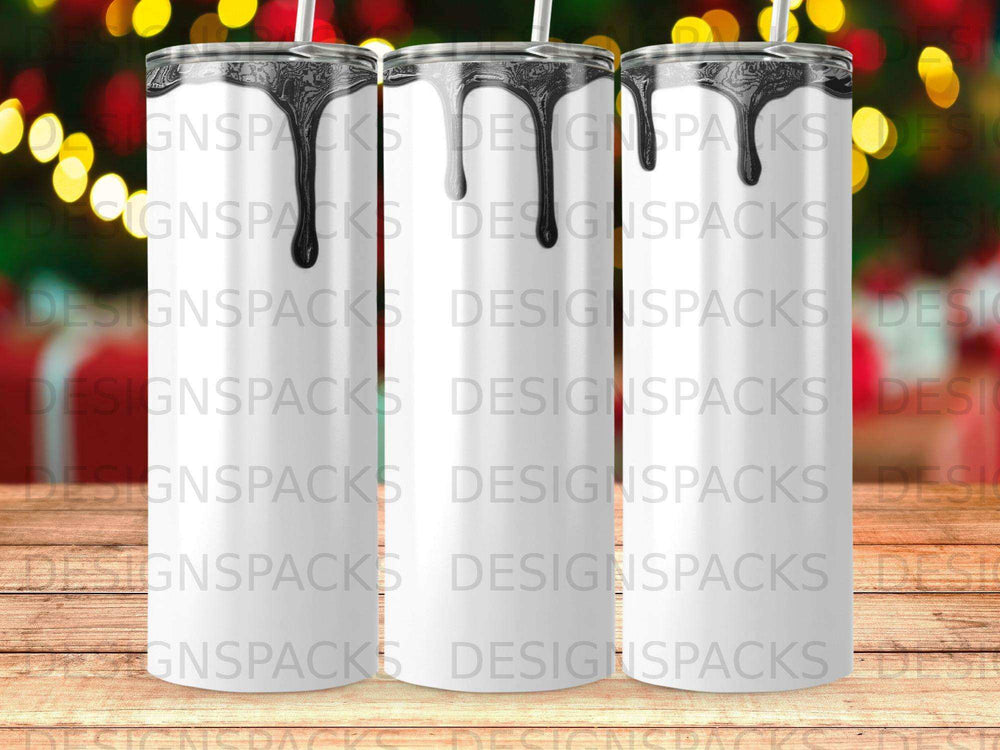 Three white tumblers with black lids and straws on a bokeh background.