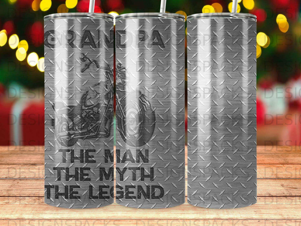 Grandpa: The Man, The Myth, The Legend, motorcycle graphic on a tumbler.