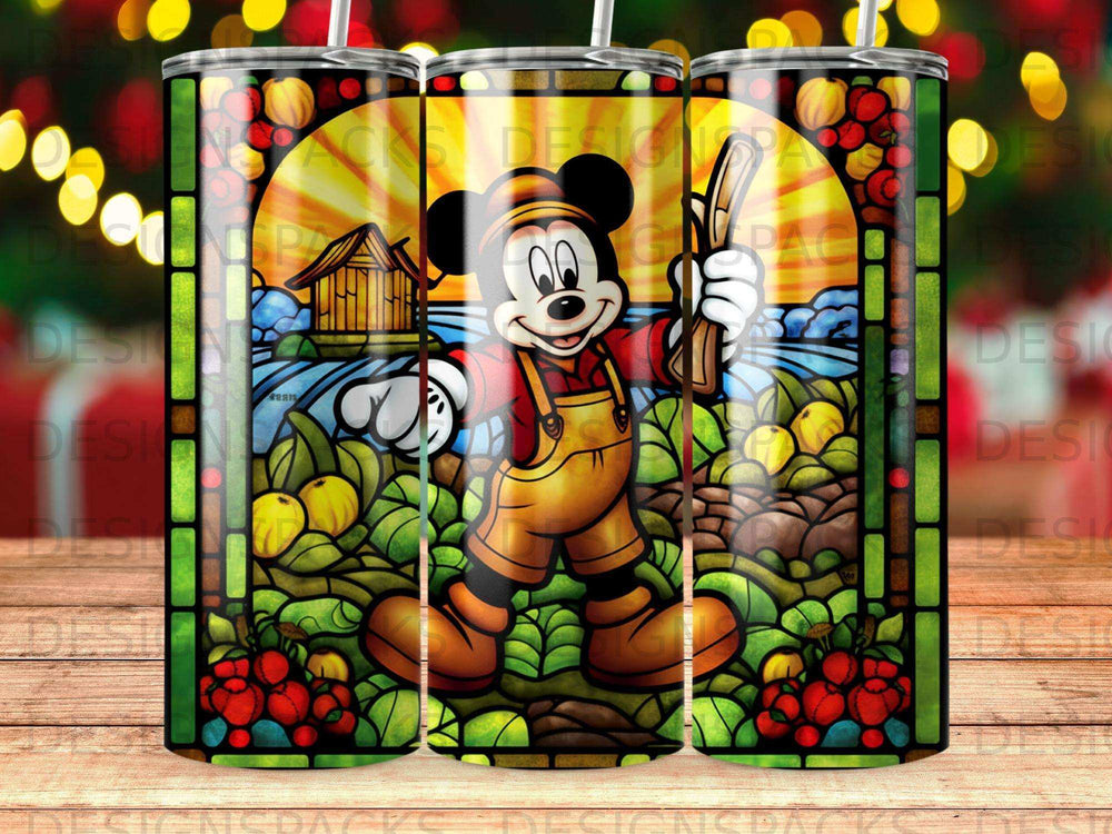 Mickey Mouse in overalls holding a rifle amidst a colorful stained-glass-style farm scene.