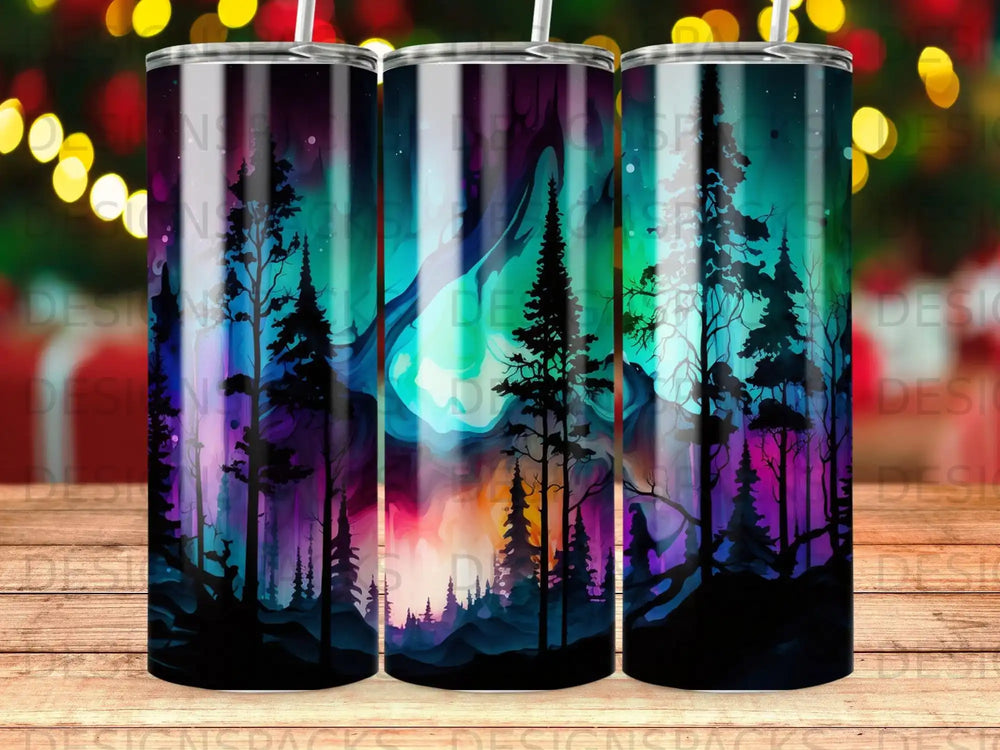 Silhouetted pine trees against a vibrant aurora borealis night sky.