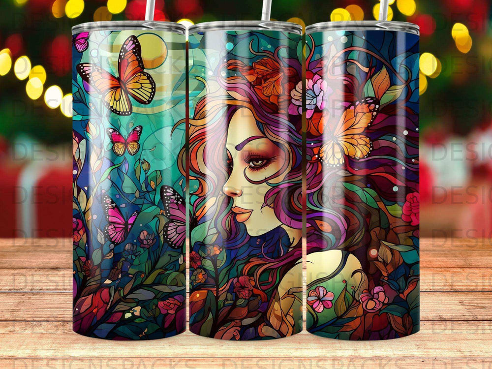 Woman with butterfly and floral crown, stained glass style tumbler.