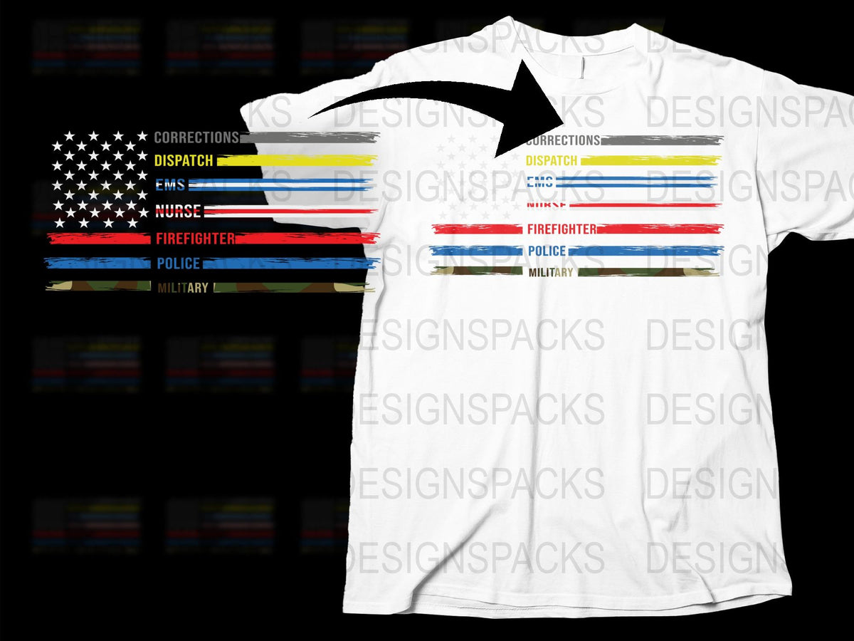 Patriotic American Flag T-Shirt, Thin Line USA Design, Military Firefighter Police EMS Corrections, Gift for First Responders