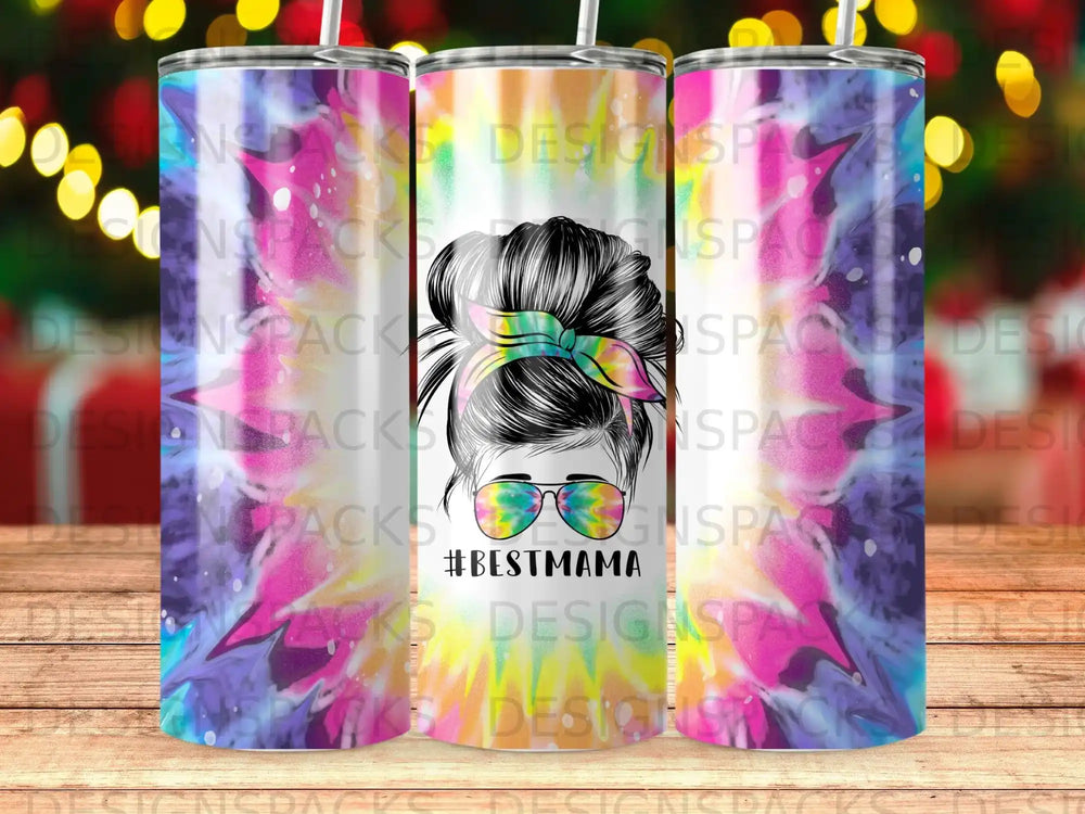 Tumbler with tie-dye pattern and #BESTMAMA text.