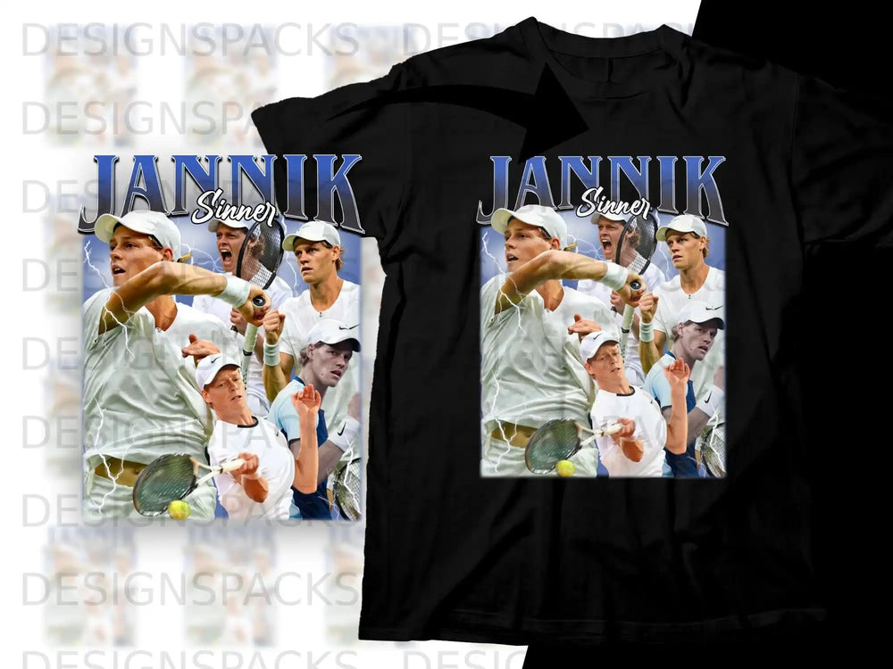 T-shirt with tennis player Jannik Sinner collage graphic.