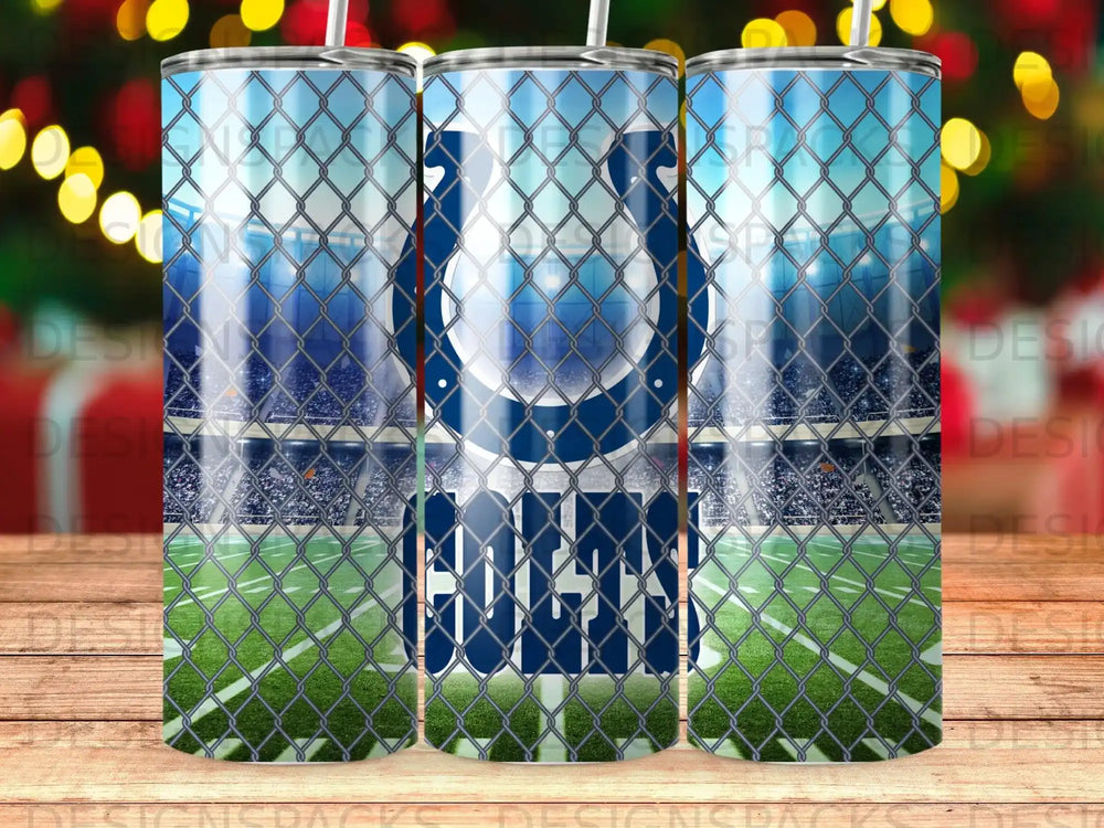 Indianapolis Colts logo on a stadium background with a chain-link fence.