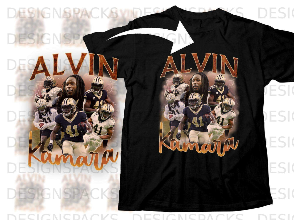 New Orleans Saints Alvin Kamara t-shirt with player graphic.