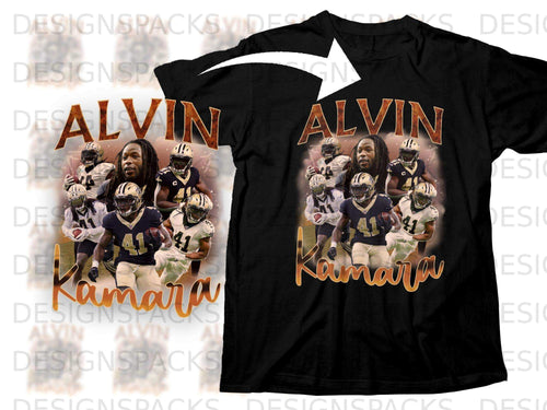 New Orleans Saints Alvin Kamara t-shirt with player graphic.
