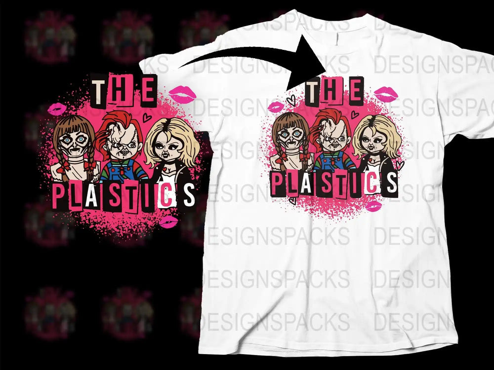 Teen Movie Inspired Graphic T-Shirt, 'The Plaistucs' Fun Cartoon Character Design, Bold Pink Splash Pattern