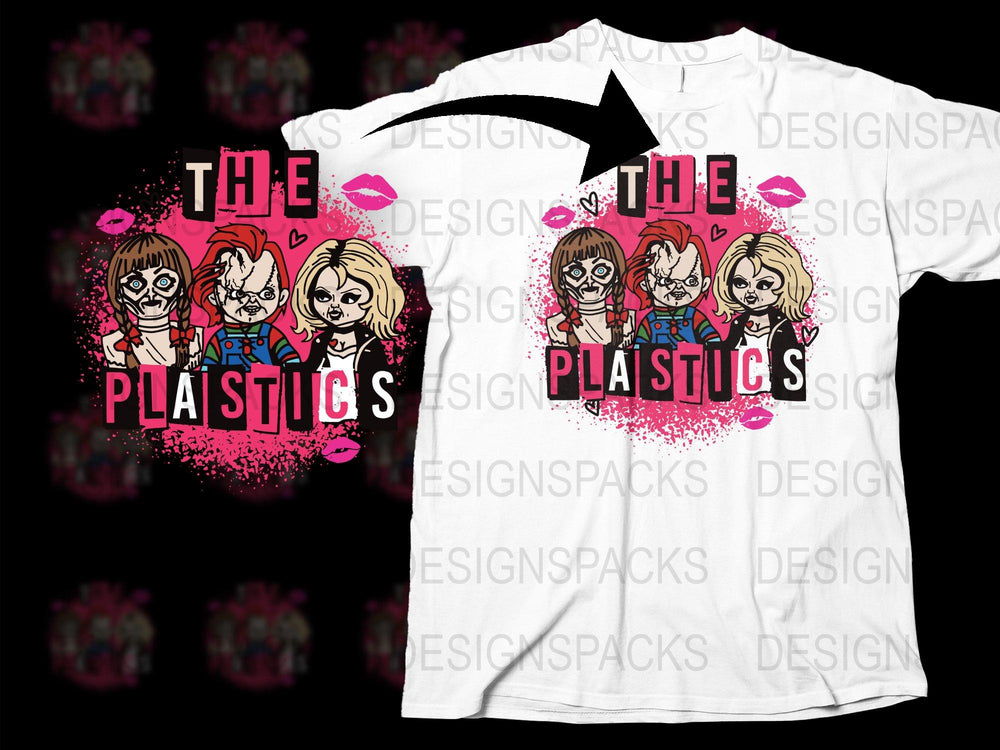 Teen Movie Inspired Graphic T-Shirt, 'The Plaistucs' Fun Cartoon Character Design, Bold Pink Splash Pattern