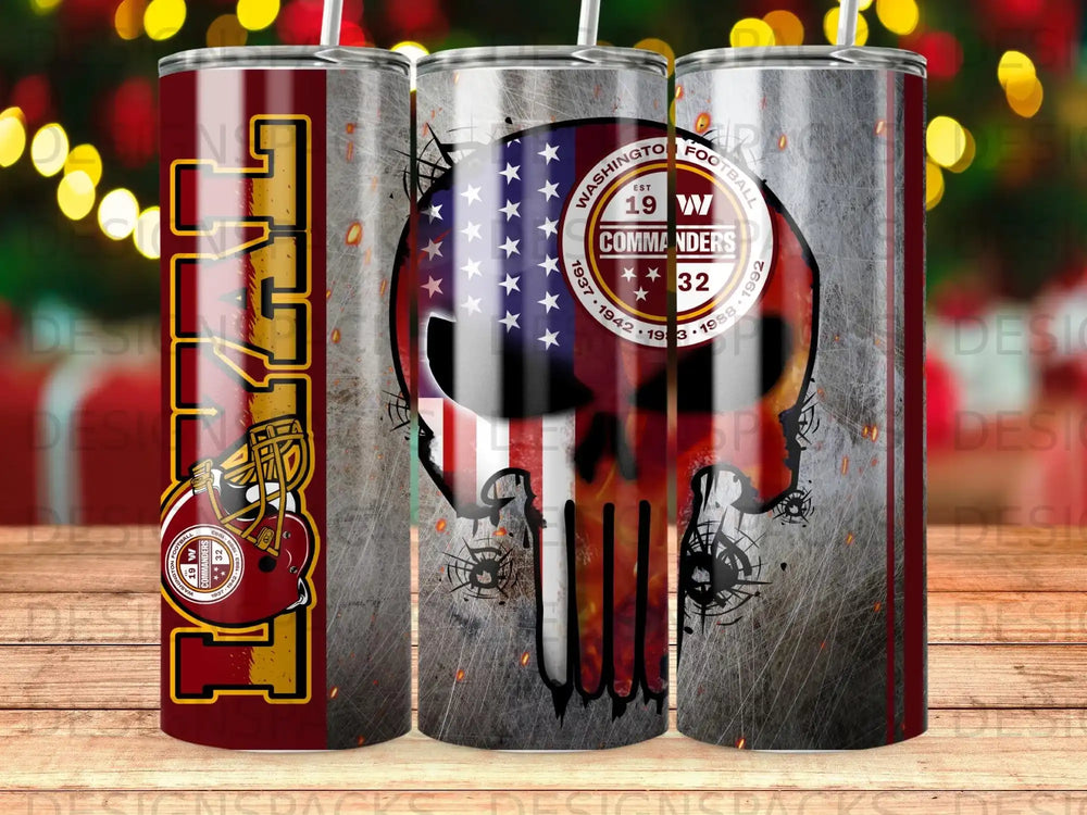 Washington Commanders skull with flag, team logo, and football text.