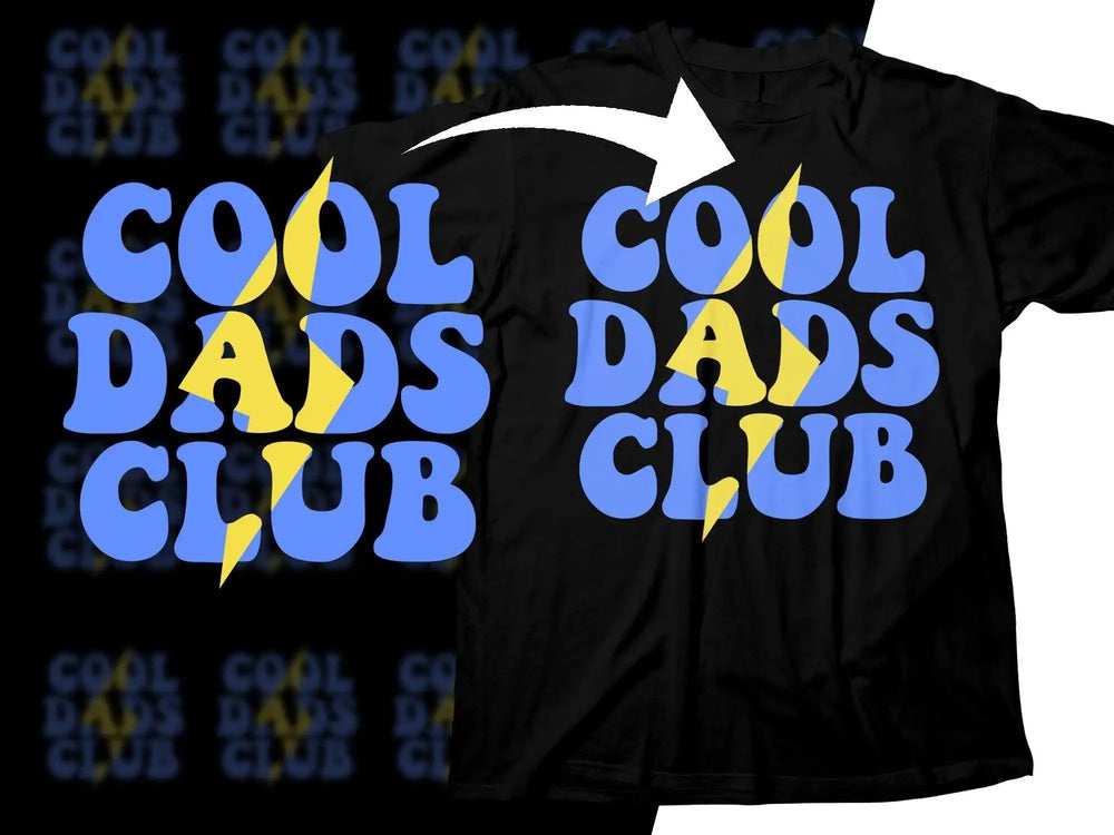 Cool Dads Club t-shirt design with blue and yellow lightning bolt, print-ready for DTG or DTF