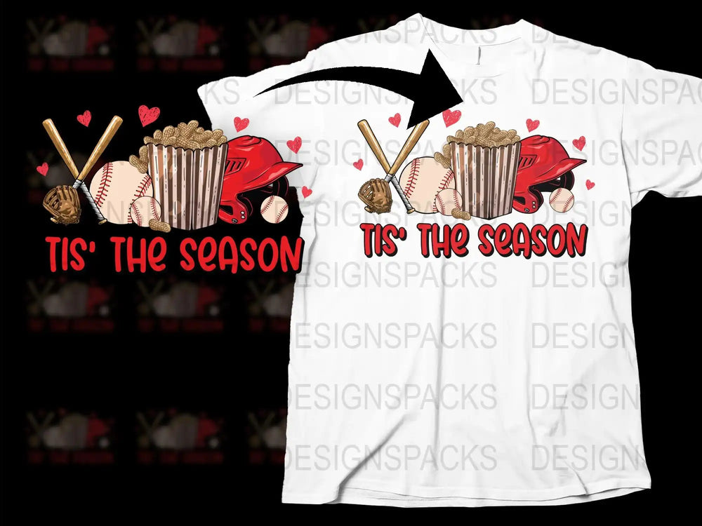 Baseball Theme T-Shirt 'Tis' The Season' Graphic Tee with Hearts and Bats, Sports Fan Apparel Gift