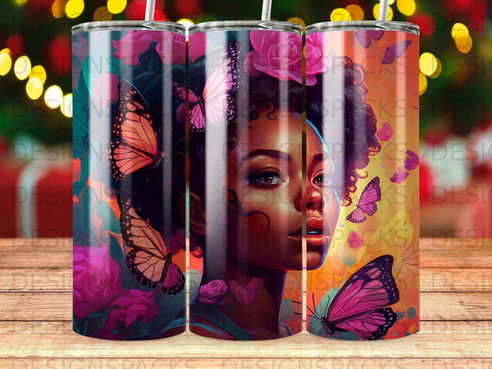 Woman with butterflies and flowers in hair, vibrant pink and purple floral background.