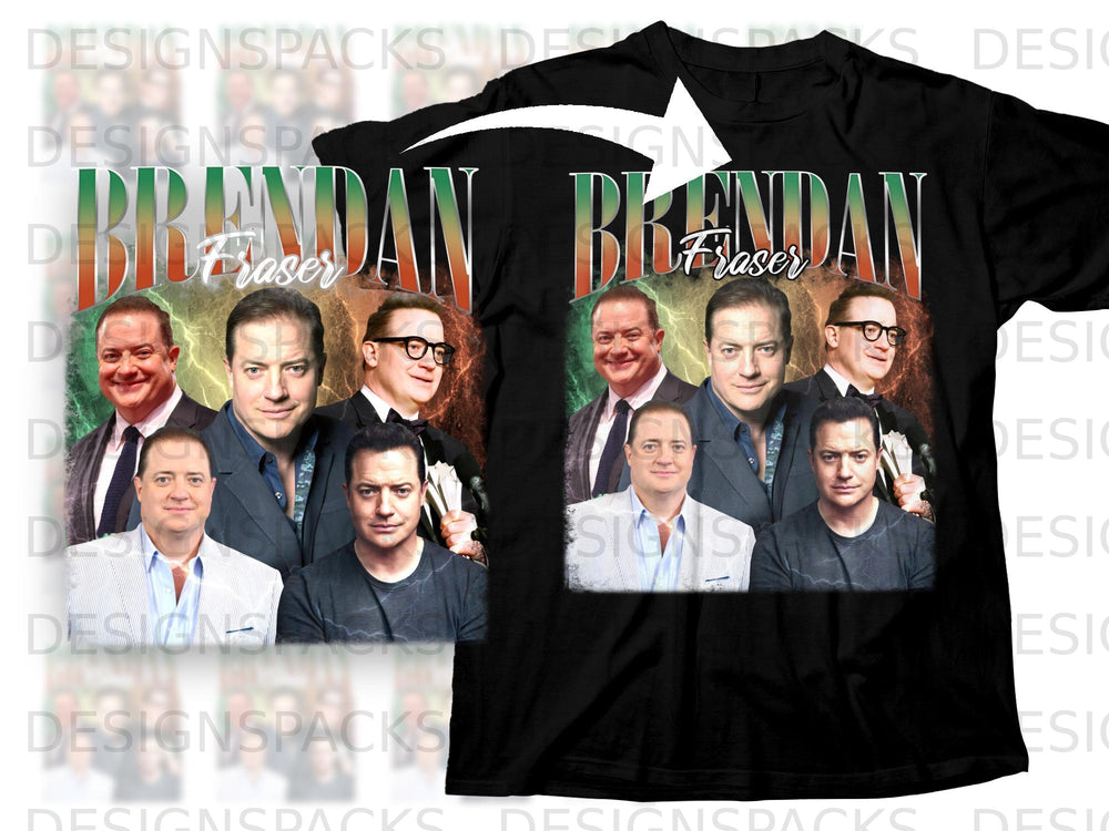 Brendan Fraser collage on a black t-shirt with lightning and text.
