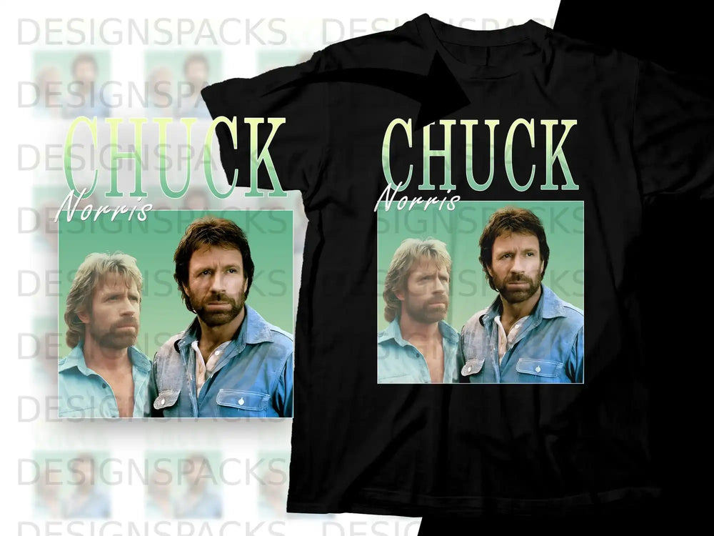 Two Chuck Norris portraits on a black t-shirt.