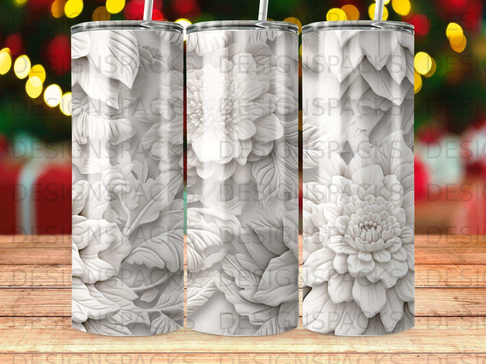 White floral pattern tumbler with bokeh background.