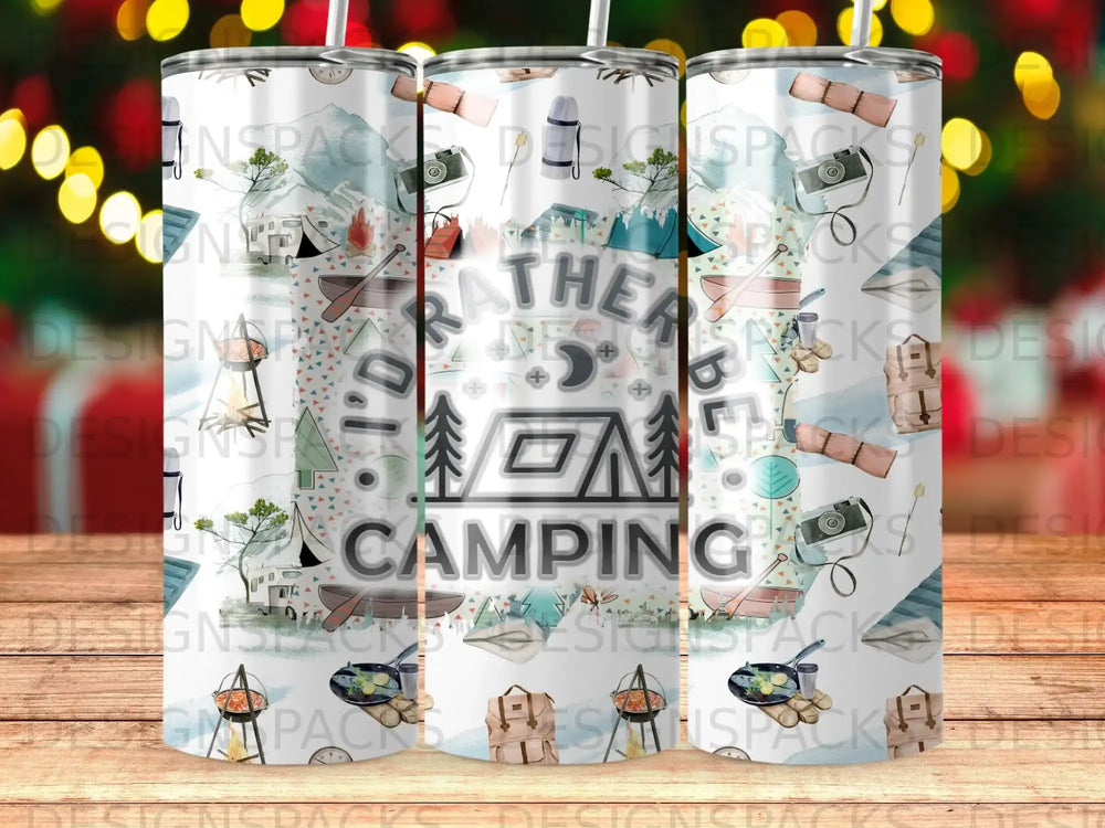 Tumbler with watercolor camping graphics and "The Great Outdoors" text.