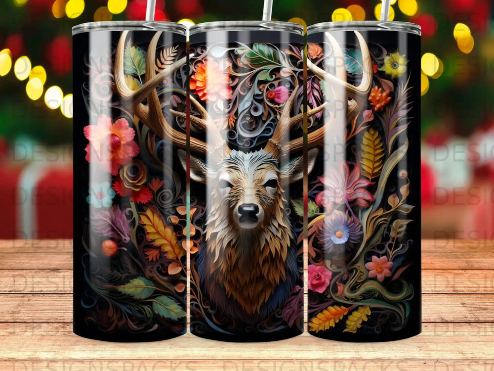 Deer with floral pattern on a black tumbler.