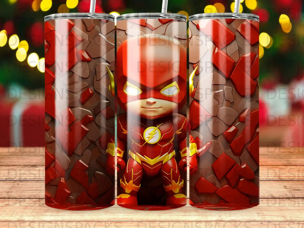 The Flash superhero in a red and gold suit on a tumbler with a chocolate texture.