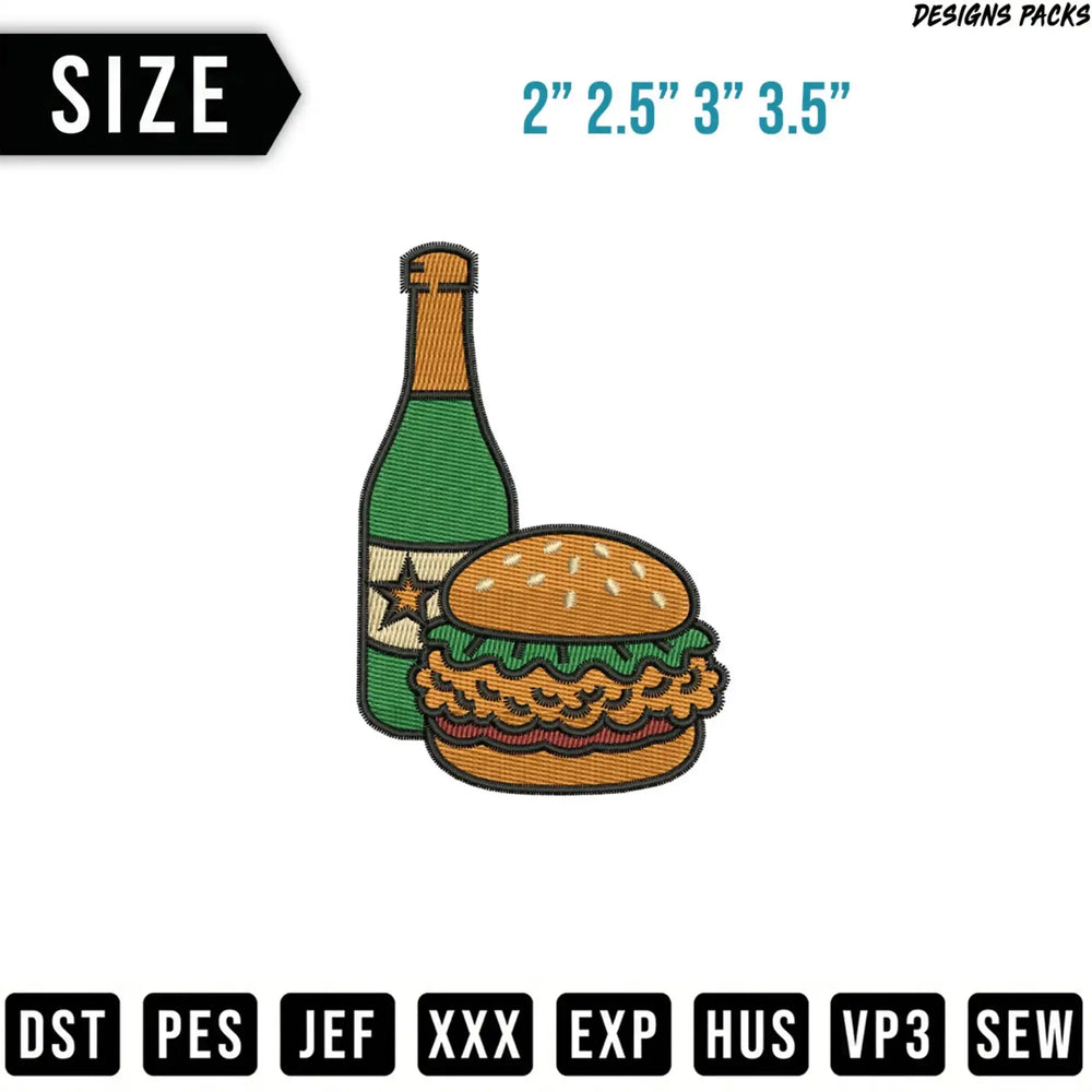 Embroidery design of a hamburger and a green bottle, with size options.