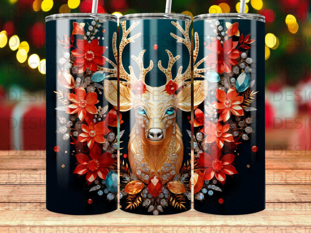 Deer head with glowing blue eyes surrounded by red flowers and jewels on a dark background.