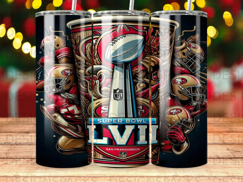 Super Bowl LVI NFL trophy with San Francisco 49ers team elements.