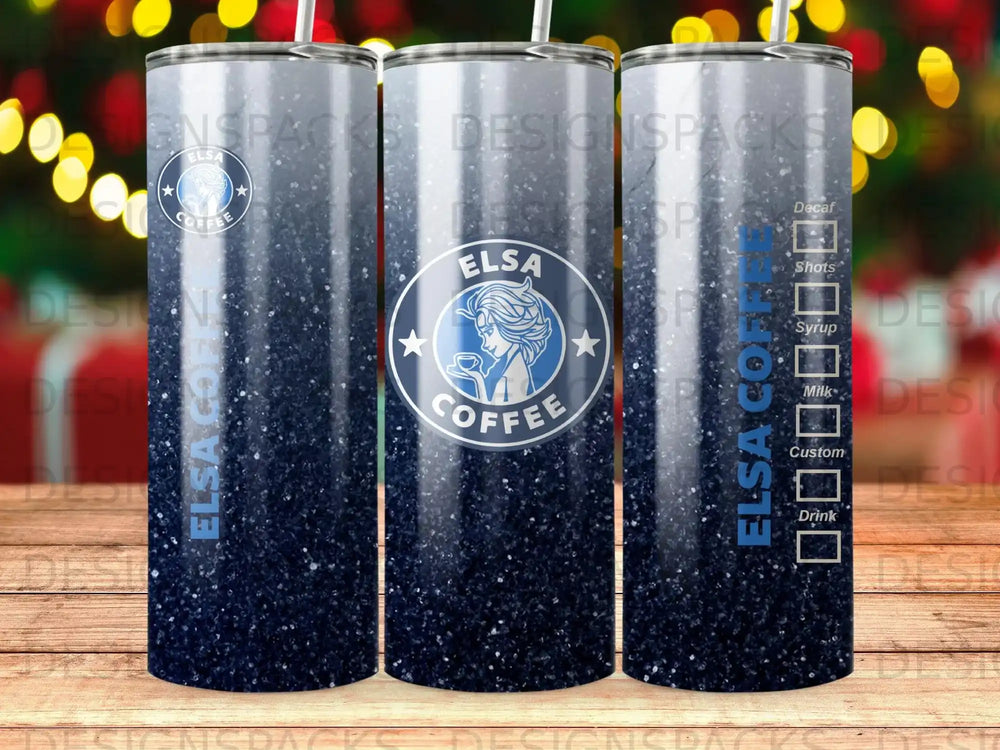 Elsa Coffee tumbler with blue ombre and glitter, and drink customization options.