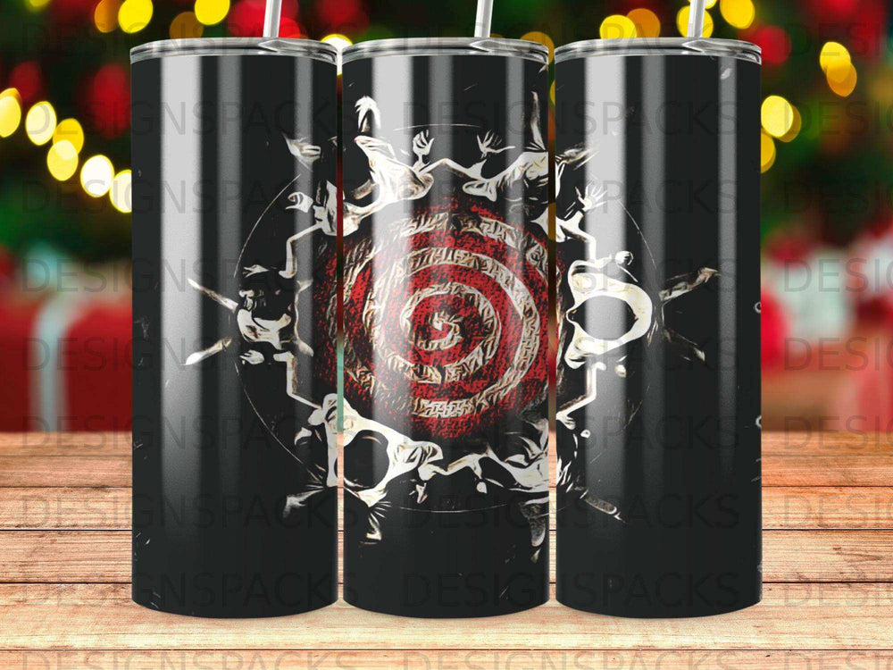 Black tumbler with a red bullseye and abstract white design.