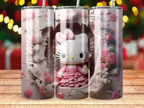 Hello Kitty in pink dress holding a cupcake with roses and floral background.