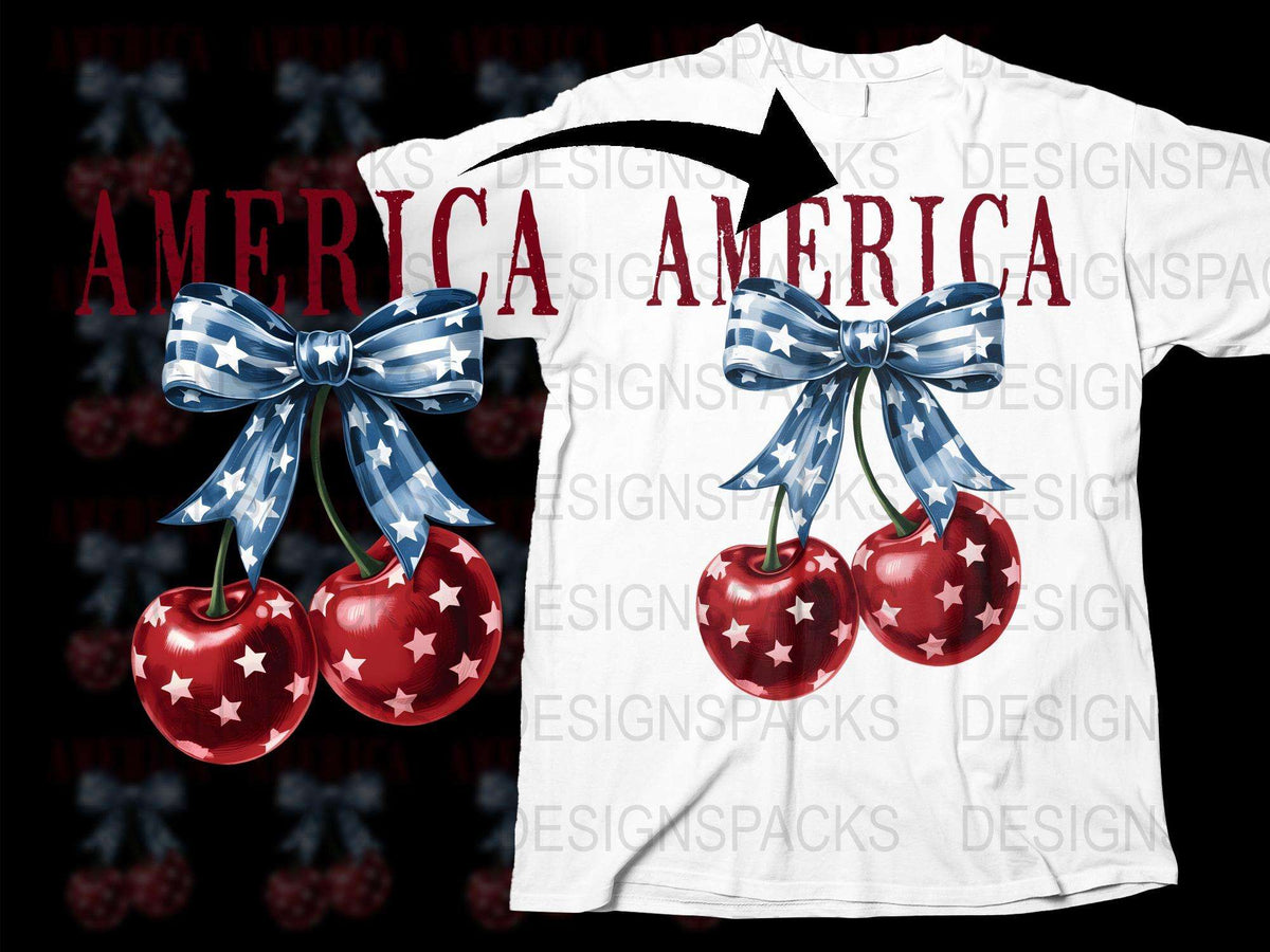 Patriotic America T-Shirt with Cherry and Bow Graphics, Red White Blue, Fourth of July Apparel