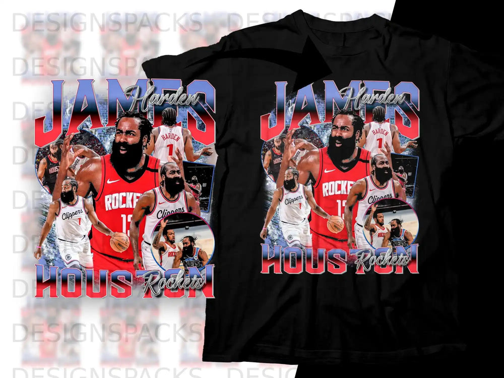 James Harden in Houston Rockets jersey on black t-shirt with text.