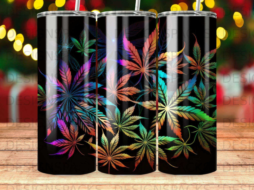 Black tumbler with colorful cannabis leaf design and bokeh lights background.