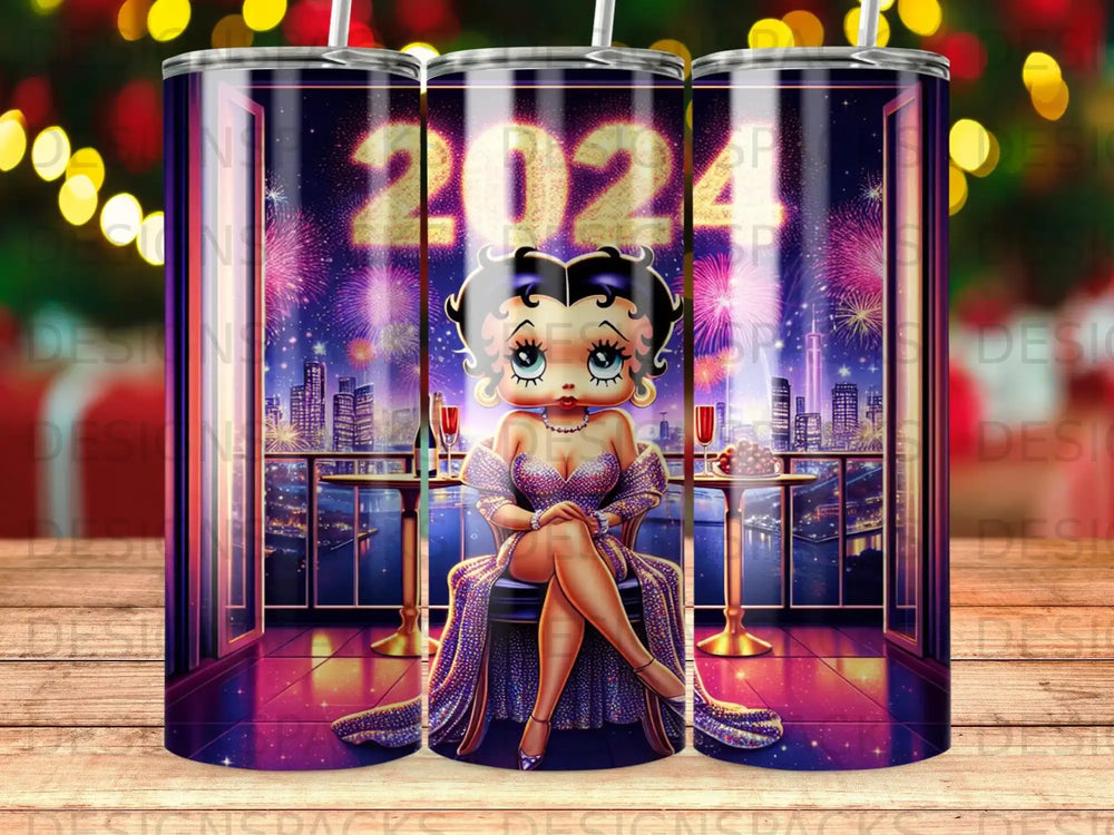 Betty Boop sitting with champagne and fireworks behind her.