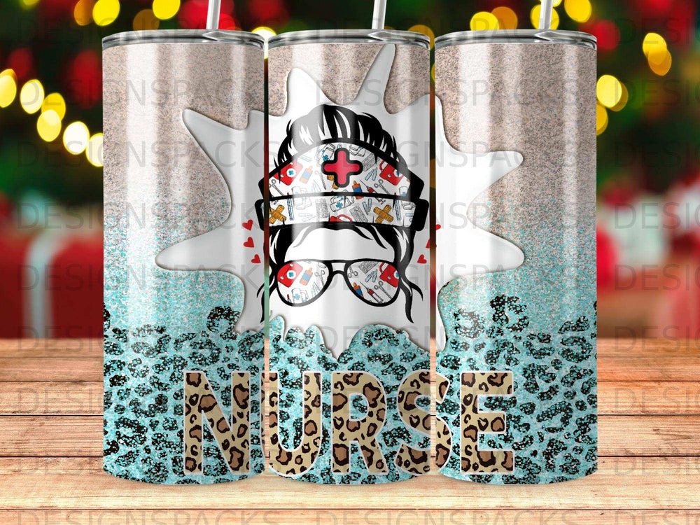 Nurse tumbler design with leopard print and festive background.