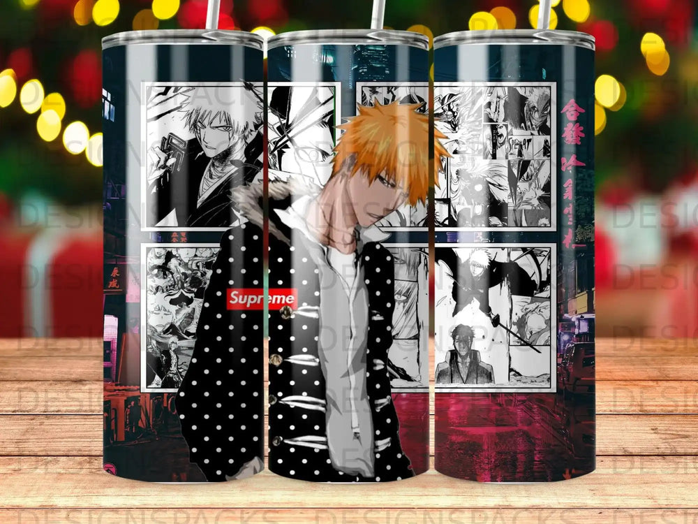 Tumbler featuring anime character Ichigo Kurosaki wearing a Supreme jacket.