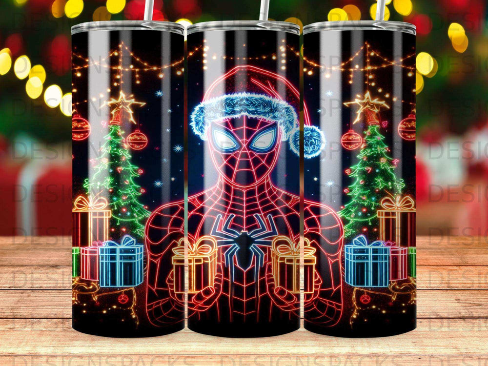 Spider-Man in Santa hat holds gifts, surrounded by trees and festive lights.