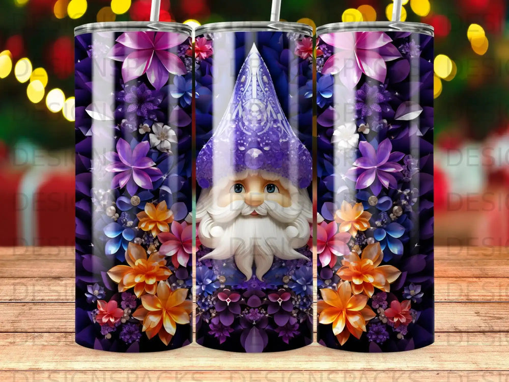 Gnome with purple hat and beard surrounded by purple and orange flowers.