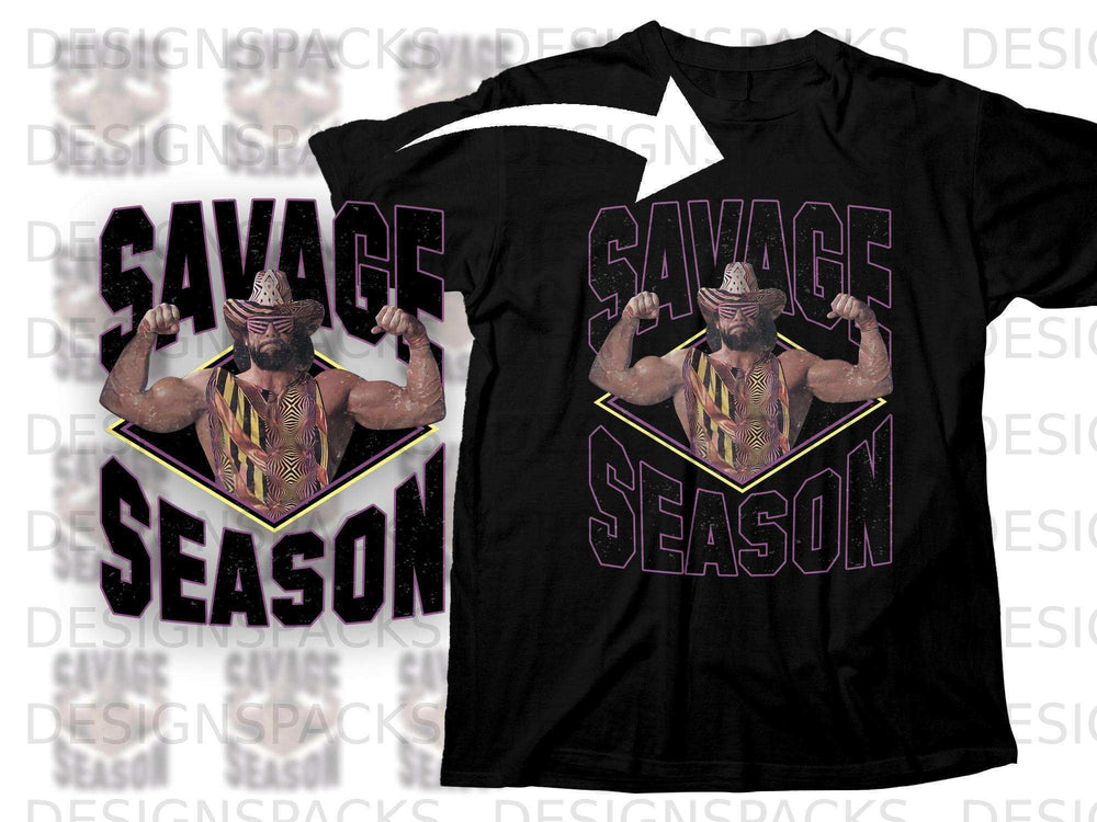 T-shirt graphic of wrestler Randy Savage in a diamond shape with "SAVAGE SEASON" text.