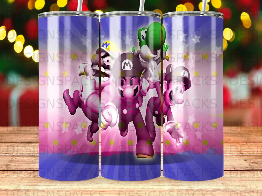 Mario, Luigi, and Toad characters on a blue tumbler with purple and pink backgrounds.