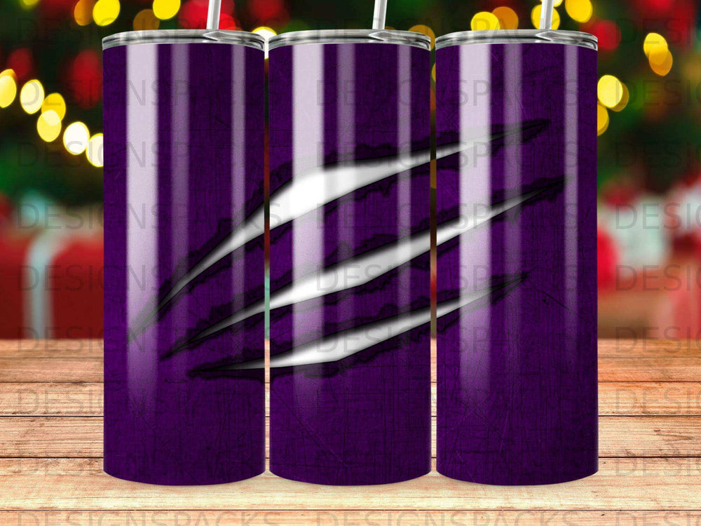 Purple tumbler with claw marks and white stripes.
