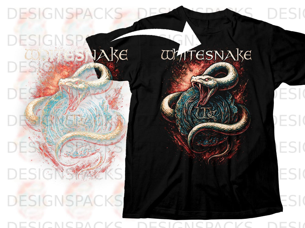 Black t-shirt with Whitesnake band logo and coiled snake graphic.