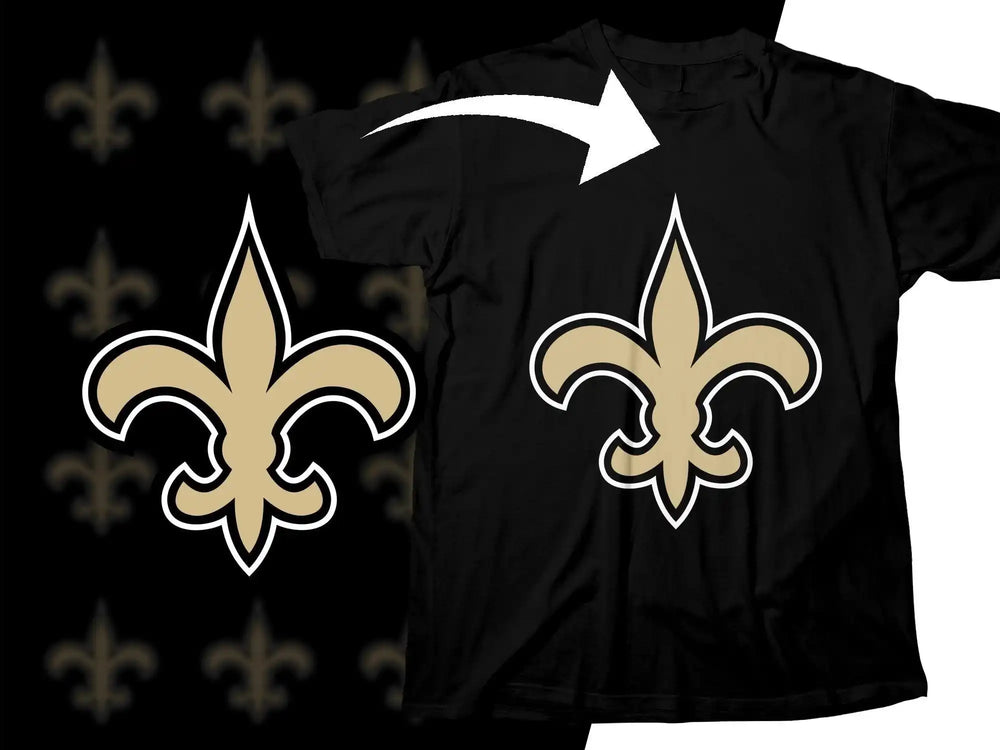 Black t-shirt with gold and white fleur-de-lis design, print-ready for DTG or DTF