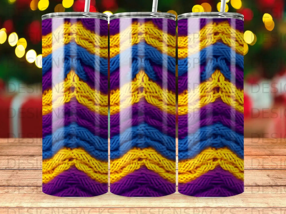 Chevron knit pattern in purple, blue, and yellow on a tumbler.