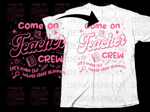 Pink graphic on white t-shirt: 