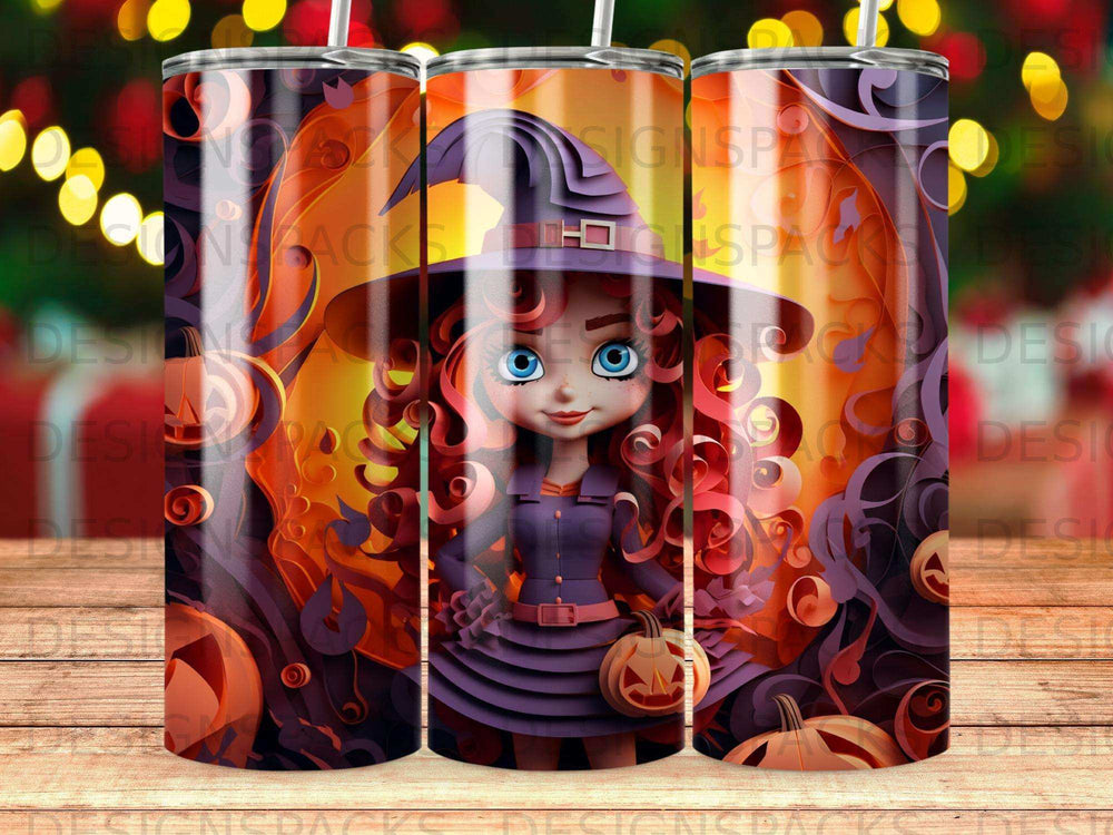 Halloween witch with pumpkins and festive decorations.