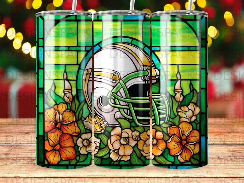 Football helmet with orange and yellow flowers.