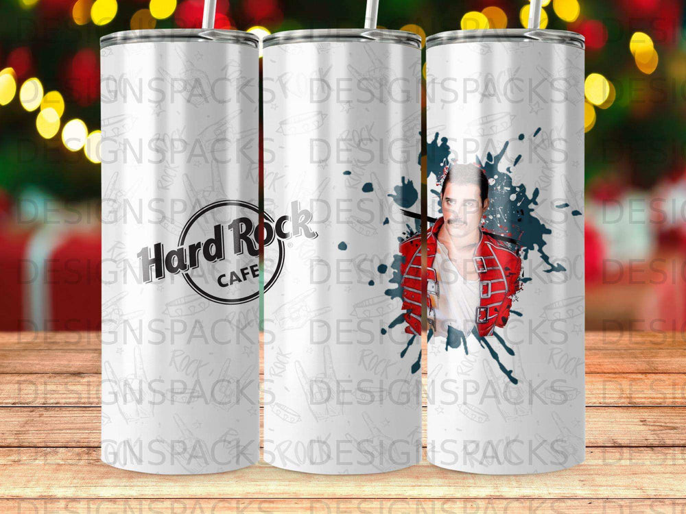 Hard Rock Cafe tumbler featuring Freddie Mercury illustration.