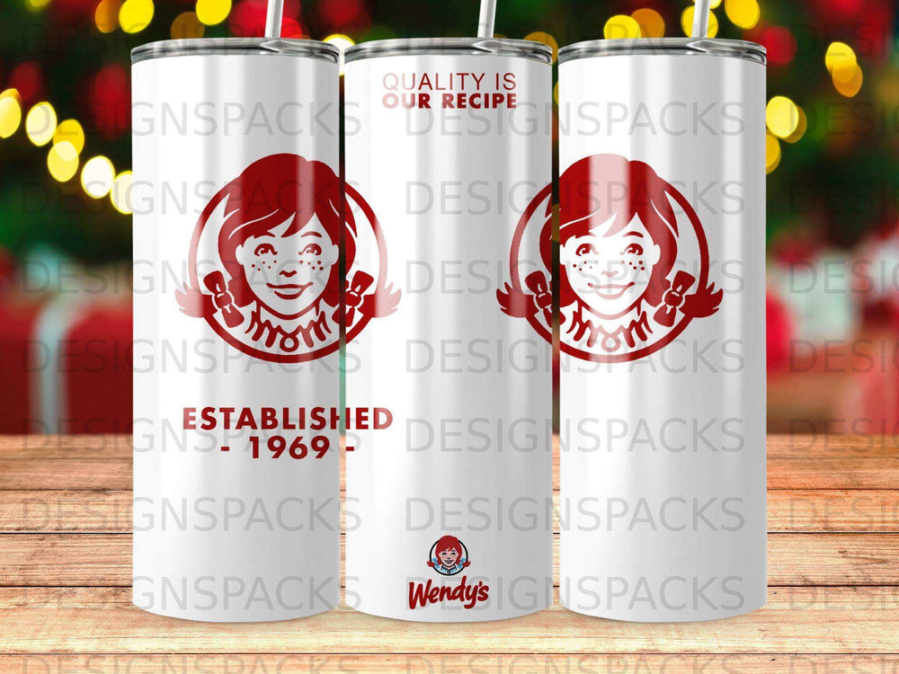 Wendy's logo and "Established 1969" on a white tumbler with a pattern.